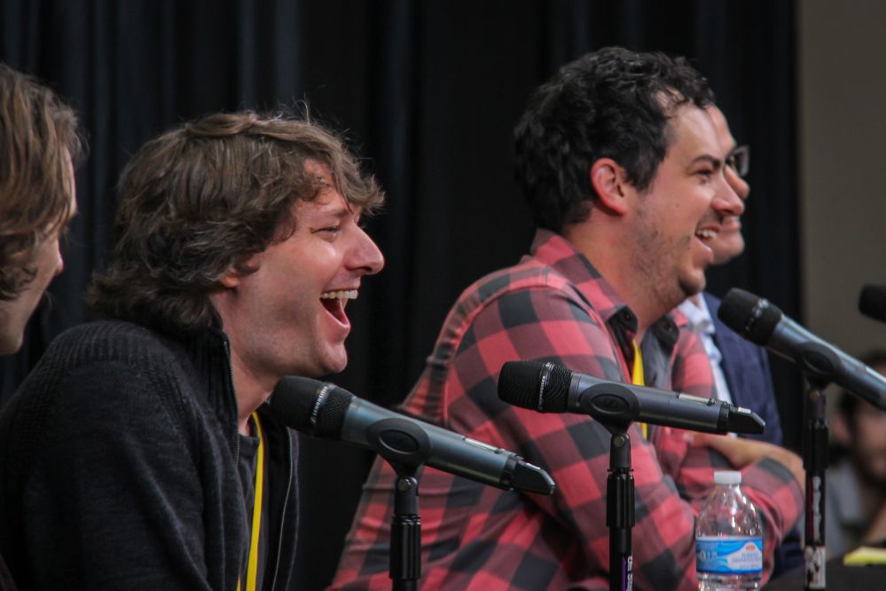 Music licensing experts Jeff Freundlich and Daniel Higbee crack up during their Film and TV Music Listening and Feedback panel.