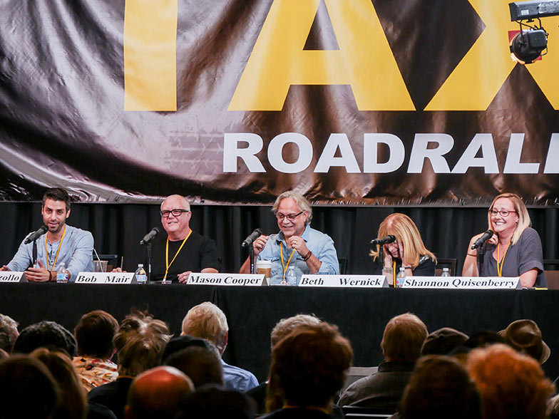 (left to right) Music supervisor Frank Palazzolo, music library owner Bob Mair, music supervisor Mason Cooper, music library owner Beth Wernick, and music licensing executive Shannon Quisenberry enjoy a light moment during their pitch panel at TAXI 23rd Road Rally convention.