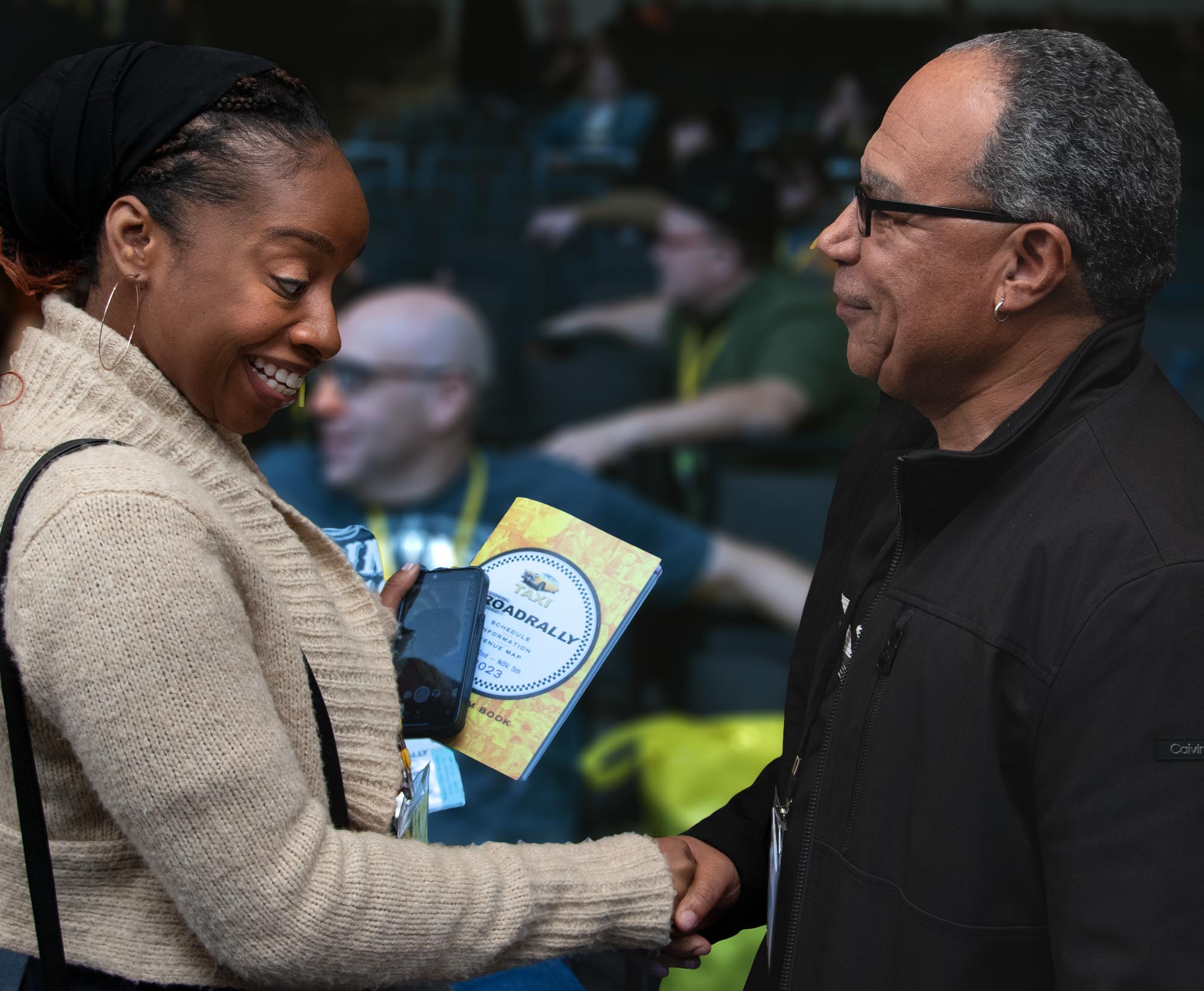 Grammy-nominated singer, songwriter, record producer, record label executive, manager, and radio show host, Jay King (Club Nouveau) takes a moment to chat with a very happy TAXI member after his panel at the 2023 TAXI Road Rally. 